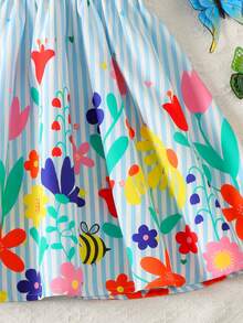 Young Girl Knitted Solid Color Round Neck Patchwork Woven Striped Hem Casual Floral Print Dress - Multicolor - View 3