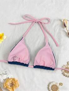 Elavelle Swim Mod 海洋印花三角比基尼，深藍色 & 淺粉色滾邊，性感掛脖綁帶泳衣，適合夏季 - 藏蓝色 - 查看 2