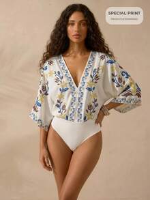 CAJUNI Women's V-Neck Floral Print Casual Boho Bodysuit, Versatile For Daily Wear Vacation Off White Summer - Multicolor - View 3
