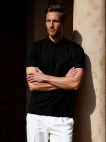 Officeau 1pc Men's Casual Solid Color Golf Polo Shirt For Summer - Black - View 6