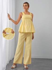 Momance 2pcs Maternity Set, Ruffled Camisole Top Paired With Flowy Wide-Leg Pants, Comfortable Versatile, Gentle Elegant Style Suitable For Pregnancy Daily - Yellow - View 3