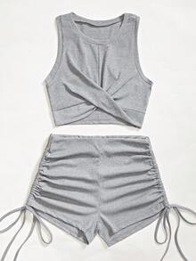 SHEIN Franclia 夏季運動休閒套裝 開學季服飾 休閒針織女款兩件組 設計感兩件套 度假穿搭 - 灰色 - 查看 3
