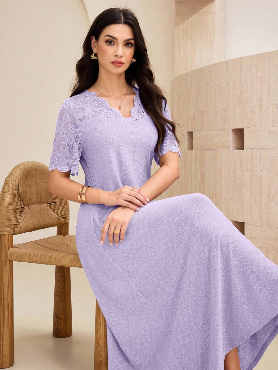 Lacomfia V-Neck Contrast Lace Textured Knit Mid-Length Dress For Women - Purple - View 1