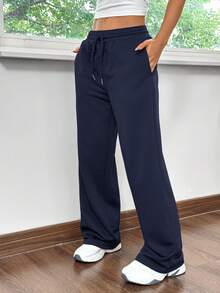 SHEIN EZwear 海军蓝直筒宽松休闲运动裤，适合居家和运动 - 藏蓝色 - 查看 4