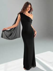 SHEIN Tall Đầm nữ thanh lịch màu trơn vai bất đối xứng, Đầm thanh lịch cho nữ, Đầm dạ hội, Đầm khách mời đám cưới mùa thu, Đầm khách mời đám cưới nữ - màu đen - Xem 2