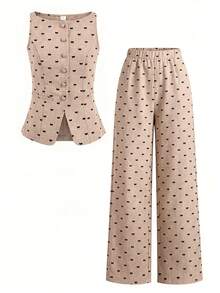 SHEIN Tween Girl Commuting Casual Flocked Bow Sleeveless Top And Straight Leg Pants Set - Khaki - View 8