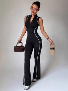Dewbera Dewbera Women's Striped Zipper Half-Placket Slim Fit Flared Athletic Jumpsuit - Black - View 4