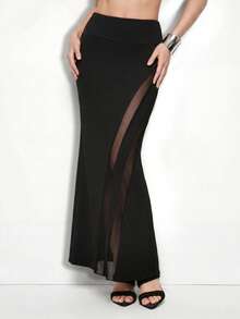 SHEIN ChicEase 女士网纱拼接休闲百搭约会外出A字裙 - 黑色 - 查看 1