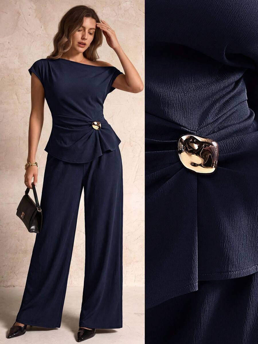 Elegantrix Completo casual da donna per primavera/estate: nuova blusa a maniche corte fluida e top elegante + pantaloni a vita alta a gamba ampia, set di due pezzi elegante e snellente adatto per l'ufficio - Blu Navy - Visualizzare 1