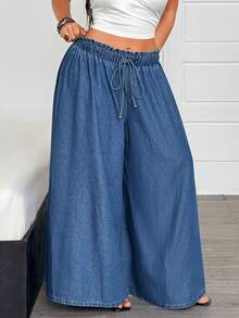 EMERY ROSE Plus Size Women's Drawstring Waist Casual Versatile Daily Wear Wide Leg Denim Jeans - Blue - View 1