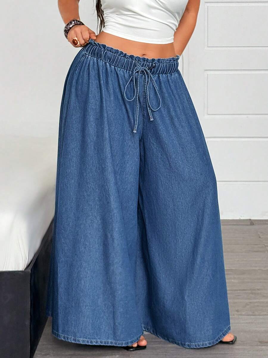 EMERY ROSE Plus Size Women's Drawstring Waist Casual Versatile Daily Wear Wide Leg Denim Jeans - Blue - View 1