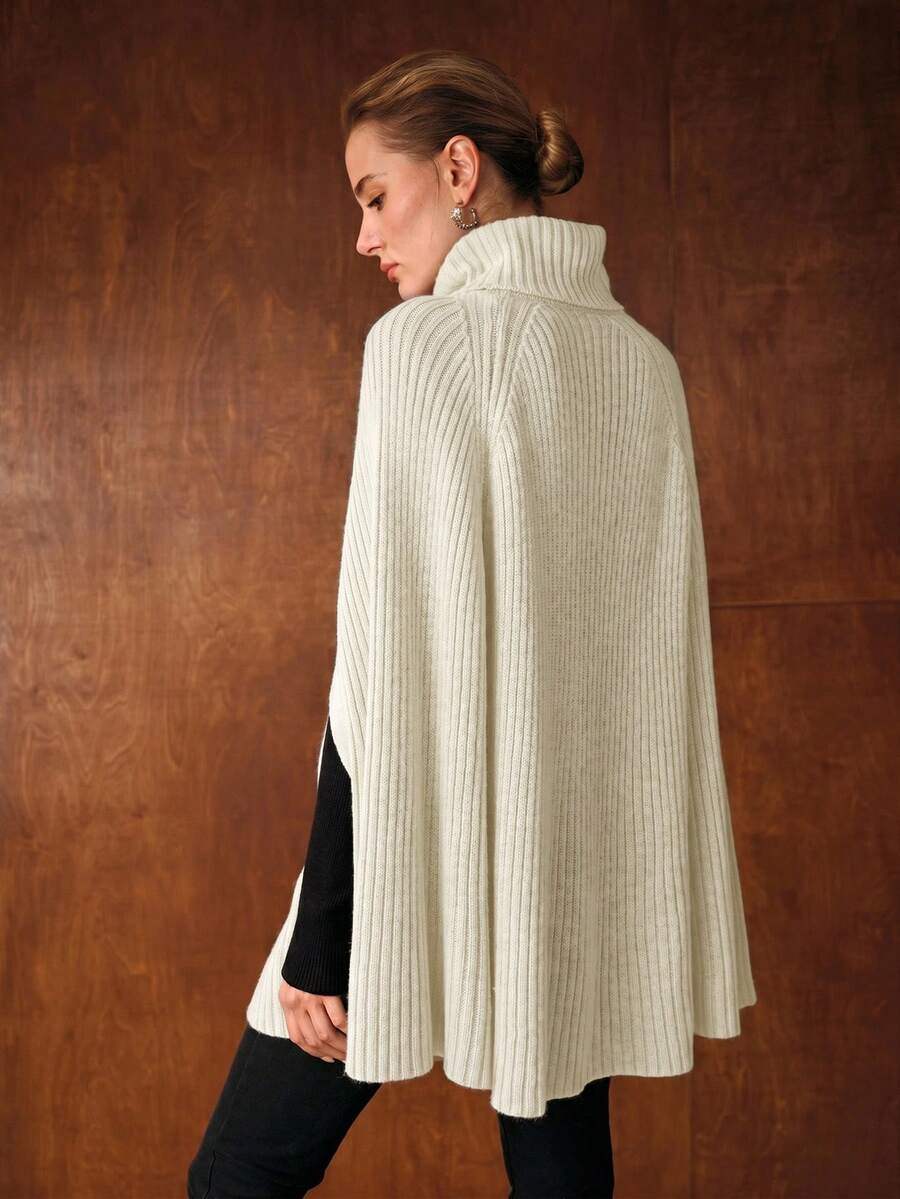 MOTF PREMIUM WOMEN'S AUTUMN/WINTER MINIMALIST SOLID COLOR RIBBED HIGH NECK CAPE SWEATER - Apricot - View 2