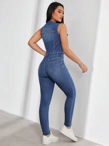 SHEIN Tall 女款休閒日常牛仔連身褲，附口袋，適合高個女性 - 藍色 - 查看 3