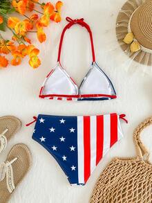SHEIN Tween Girl Independence Day Casual And Comfortable National Flag Print Swimwear Set For Girls, With Bow Embellishment, Vacation Style, Suitable For Holidays - Multicolor - View 3