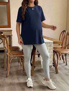 SHEIN Maternity Summer Loose Solid Color Side Slit Short Sleeve Top And Tight Pants 2pcs Set - Royal Blue - View 6