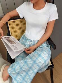 Napfluff Casual Plaid Knit Short Sleeve Pajama Set, Suitable For Loungewear And Outdoor Wear - Blue - View 6