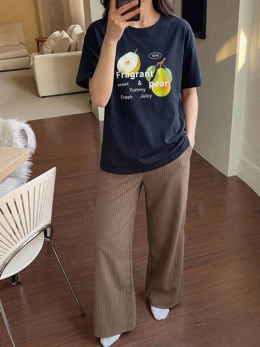 DAZY 2件組女款水果圖案寬鬆短袖T恤與直筒長褲睡衣套裝,夏季 - 彩色 - 查看 1