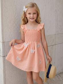 SHEIN Genkimix Kids 女童蝴蝶装饰荷叶边优雅短袖公主裙，夏季 - 粉色 - 查看 3