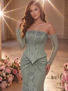 Glamrae Elegant Luxurious Elastic Lace Off-Shoulder Mermaid Dress Detachable Sleeve Ruched Embellished Gown For Weddings Parties Galas Formal Occasions For - Green - View 1