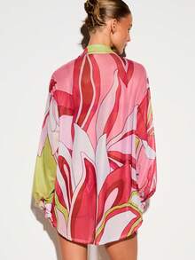 KIZN Sheer Printed Mesh Oversized Casual Sexy Tropical Button-Down Shirt Cover-Up With Long Sleeves Chest Pocket, Abstract Swirl Print, Summer Beach Pink - Hot Pink - View 5