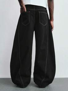 ROMWE MEN Street Life Men's Wide Leg Jeans With Plane Buckle And Slant Pockets - Black - View 7