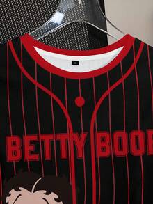 Betty Boop x SHEIN 女款字母條紋短袖休閒圓領T恤 - 白色 - 查看 4