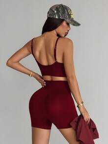 SHEIN Dewbera Seamed Black Short Sleeve Jacket Seamless Black Bra Shorts - Burgundy - View 2