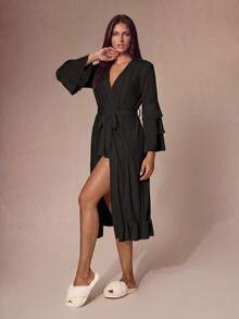 Lazeform Bata informal de mujer con cuello en V, manga larga y lazo delantero, bata holgada con mangas acampanadas y ribete de volantes - Negro - Ver 4