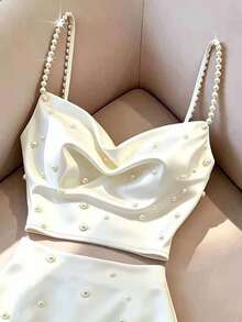 Franclia Women's Elegant Pearl Decor Camisole & Skirt 2 Pieces Set, Summer - White - View 7
