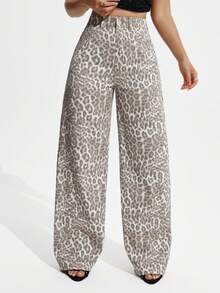Jeanoix Plus Size Women's Leopard Print Pocketed Wide Leg Loose Casual Jeans Date Night Evening Beige Summer - Multicolor - View 3