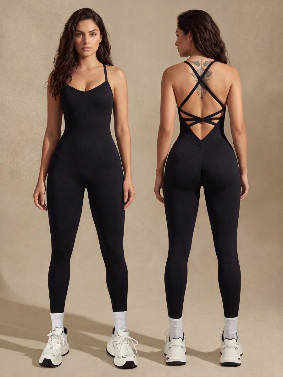 Glamine 女款素色露背腰部V字交叉簡約休閒連身褲健身運動套裝緊身衣 - 黑色 - 查看 1