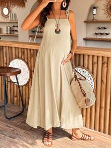 SHEIN Maternity Summer Elegant Casual Minimalist Solid Color Shoulder Tie Strap Dress Photoshoot - Khaki - View 1