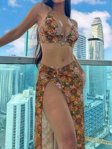 Swim SXY 2026新款復古豹紋印花雙肩帶設計高級金屬配件高腰三角比基尼泳褲搭配高衩長裙夏季海灘休閒性感度假風女款比基尼套裝 - 彩色 - 查看 2
