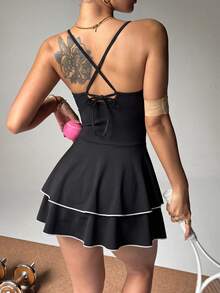 Easithlete Women's Contrast Trim Cami Strap Sports Dress - Black - View 2