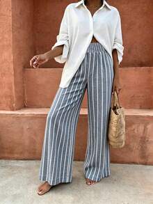 Flora Isola Flora Isola Standard Size Women's Waist Knot Design Blue White Stripe Fabric Pocket Casual Vacation Pants Vacation Autumn - Blue - View 3