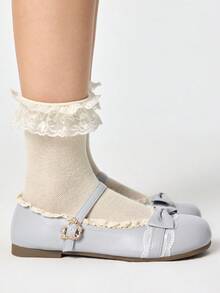 ROMWE Kawaii Women Shoes Grey Loafers Closed Toes Mary Jane Small Leather Shoes Bow Lace Lolita Shoes Ballet Dance Shoes Women's Flat Shoes Y2K - grey double bow - View 4