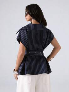 LYSMO Blazer feminino de verão casual para o dia a dia e deslocações para o trabalho, com blocos de cor, estampado às riscas, gola de lapela e cinto - Azul marinho - Ver 2