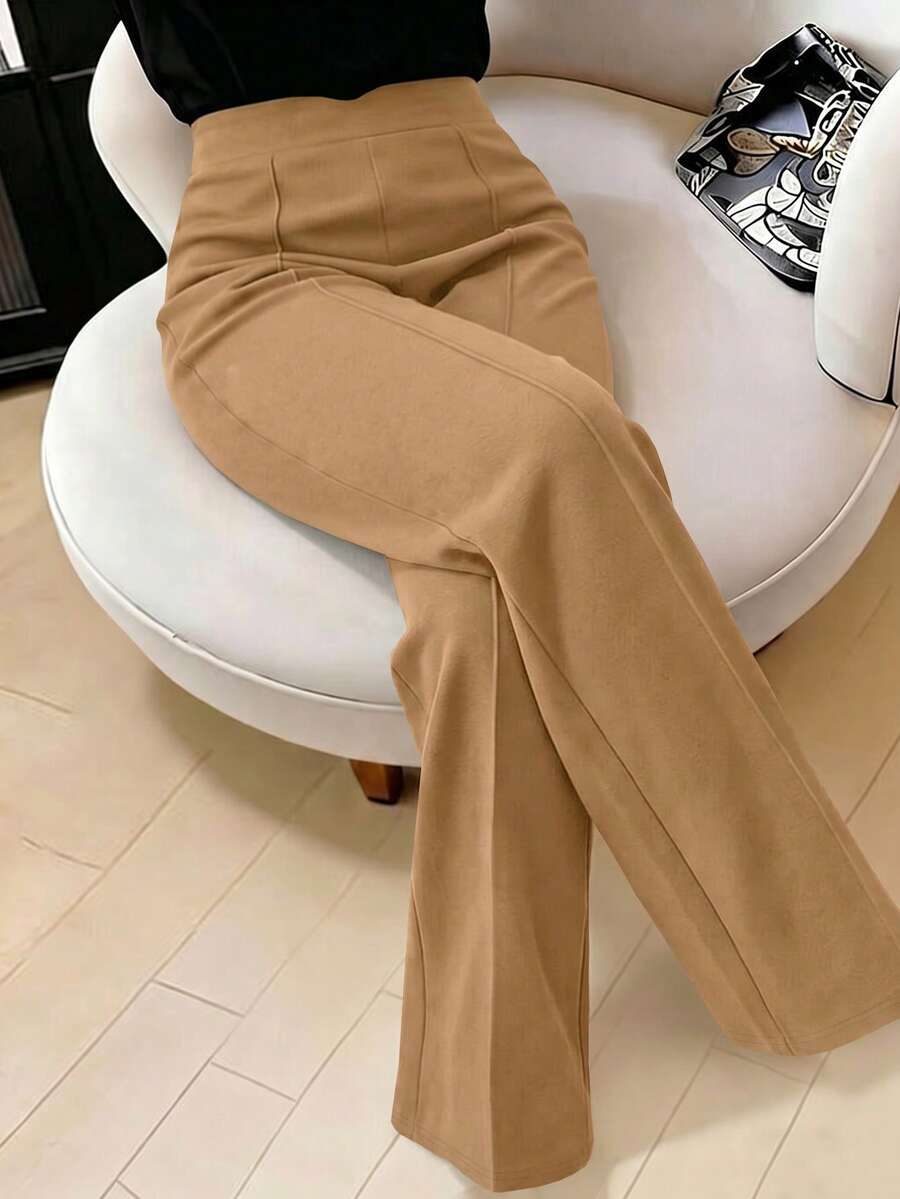 SHEIN LUNE Plus Size Women Fashionable Minimalist Slimming Casual Wide Leg Pants - Khaki - View 1
