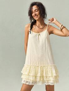 SoleilVie Women's Sweet Ruffled Lace Patchwork Camisole Dress - Yellow - View 9