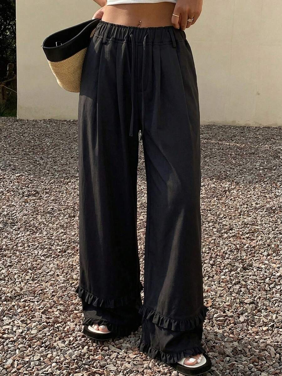 DAZY Women's Solid Color Drawstring Waist Casual Versatile Daily Wear Pants Vacation Black Autumn - Black - View 1