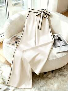 GlowEve Women's Elegant Casual Commuting Loose Fit Contrast Color Bow Decor Suit Pants - Apricot - View 3
