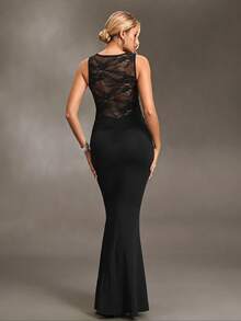 Cheriluna Maternity Maternity Party Photoshoot Dress, Lace Patchwork Asymmetrical Shoulder Fitted Stretchy Bodycon Maxi Dress For Pregnancy Summer Black Elegant - Black - View 2