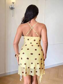 Auralis Plus Size Women's Yellow Summer Polka Dot Print Classy Vacation Mini Dress, Personalized Chic Elegant Y2K Style For Party, Bar, Prom, Commute Dress - Yellow - View 3