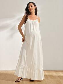 GentleRue Maternity Beige Maternity Slip Dress, Backless With Adjustable Drawstring, Loose A-Line Silhouette, Comfortable Skin-Friendly, Suitable For Home Vacation Beach - Beige - View 3