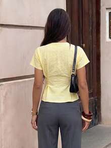 Ronhire Blusa da donna con scollo a V profondo, maniche a pipistrello e orlo plissettato, colore unito e sexy - Giallo - Visualizzare 2