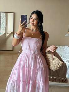 Sunnyshic Elegantes langes Damenkleid im französischen Stil mit Spaghettiträgern in großen Größen, geeignet für Strandurlaub - Pink - Übersicht 3