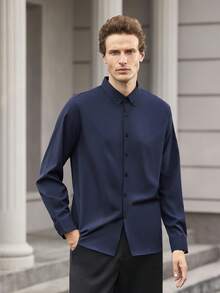 Officeau Men's Solid Collar Long Sleeve Polyester Shirt, Button Front, Spring/Fall, Button Down Shirt, Comfortable, Casual, Layering, Daily Wear, Gift For Father/ Husband - Navy Blue - View 5