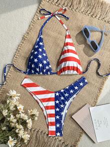 Swim Vcay Bộ bikini tắm nữ mùa hè đi biển, in cờ Mỹ, dây buộc cổ, phong cách gợi cảm - Nhiều màu - Xem 2