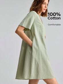 Ontre 2026春夏新款度假风女士长裙，咖啡棕色，松紧腰，隐形拉链，简约优雅都市时尚，通勤、教师、夏季度假、海滩、婚礼宾客、派对、A字裙、下午茶、约会等场合皆宜，面料舒适，宽松版型，畅销款 - 綠色 - 查看 5