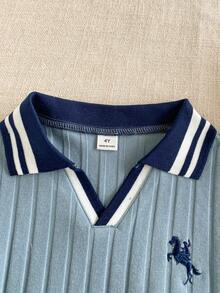 2 peças Conjunto de Polo e Calções Desportivos Casuais para Crianças/Rapazes, Malha Solta Azul Marinho, Adequado para Uso Diário, Volta às Aulas, Passeios, Desportos, Primavera e Verão - Azul - Ver 3